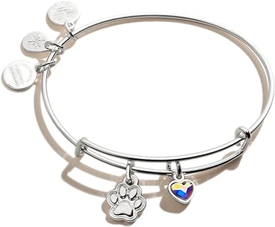 Alex and Ani Tokens Expandable Wire Bangle Bracelet for Women, Paw Print Duo Charm, Shiny Finish, 2 to 3.5 inches