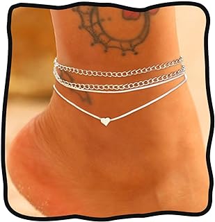 Jeweky Boho Layered Anklets Silver Love Ankle Bracelets Chain Heart Beach Foot Accessory Jewelry for Women and Girls