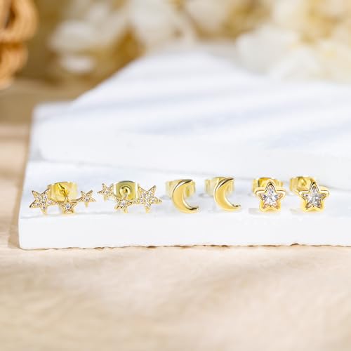 3 Pairs Star Moon Stud Earrings for Women and Men, Hypoallergenic Stud Earrings Set for Girls, Trendy Simple Earrings Jewelry Cubic Zirconia-Silver/Gold