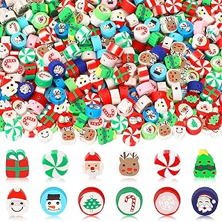 Christmas Polymer Clay Beads, SEPGLITTER 300pcs Santa Claus Snowflakes Christmas Tree Elk Snowman Candy Mixed Spacer Beads for Jewelry Making DIY Bracelet Necklace Accessories Craft Party Supplies