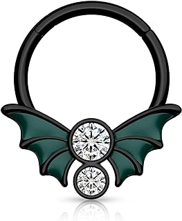 Glow-in-the-Dark Bat Nose Ring with Cubic Zirconia & Stainless Steel, 16G Septum/Helix/Cartilage Earring for Women- 10mm Hoop Design