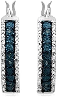 Jewelili Sterling Silver Miracle Plate Hoop Earrings with Treated Blue and Natural White Round Diamonds, 1/10 cttw