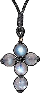 Hand-Woven Moonstone Bead Cross Necklace with Durable Rope Chain and Crystals - Ideal for Those with Sensitive Skin