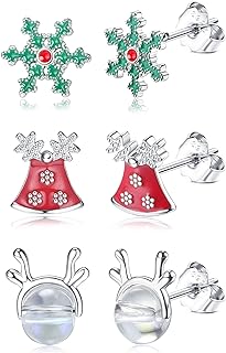 Push Back Clasp Sterling Silver Christmas Stud Earrings with Cubic Zirconia Accent for Women Featuring Snowman, Santa Claus, and Christmas Tree Design
