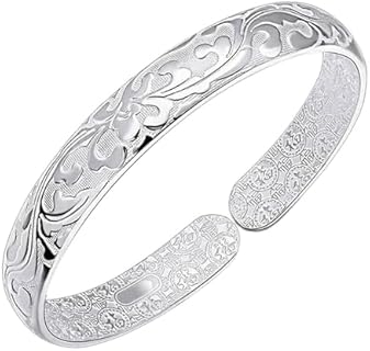 Antique Chinese Buckle Clasp Silver Cuff Bracelet with Carved Pattern for Women, Adjustable Open Cable Chain Design
