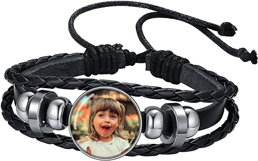 Magnetic Clasp Photo Bead Bracelet with Rope Chain in Stainless Steel and Leather, Skull or Wrap Design for Men