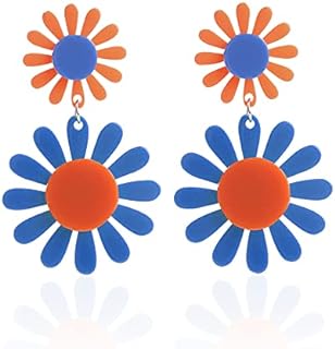 Retro Orange Daisy Drop Earrings with Push Back Design for Women, Acrylic and Stainless Steel