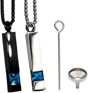 NAIVELY-2 Pieces Crystal Cremation Urn Necklace for Human Pet Ashes Stainless Steel Black Silver Tone Bar Zircon Memorial Pendant, for Ashes Keepsake Cremation