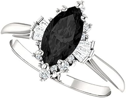 1 CT Halo Black Marquise Ring 14k White Gold, Halo Marquise & Baguette Black Onyx Ring, Unique Marquise Black Diamond Engagement Ring, Wedding Ring For Her