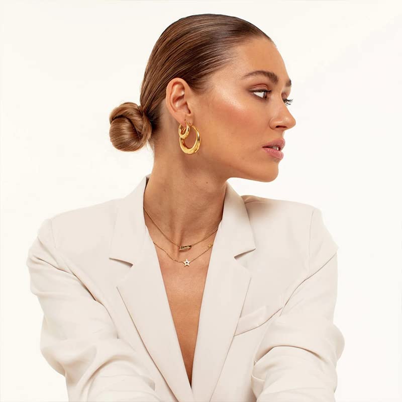 LOUMILEO Chunky Gold Hoop Earrings for Women, Sterling Silver 14K Gold Plated Chunky Gold Hoops Earrings Hypoallergenic Lightweight Thick Gold Hoop Earrings for Women Girls