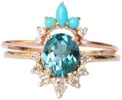 14k Yellow Gold Natural montana Sapphire & Turquoise And Natural Diamond Crown Ring, Unique Wedding Band Ring,