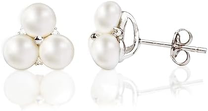 Sterling Silver Push Back Freshwater Pearl and Diamond Stud Earrings for Women by MAX + STONE