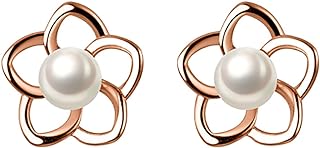 Sterling Silver Flower Earrings with Cubic Zirconia Gems & Pearl in Floral Design - Push Back Studs for Women & Girls