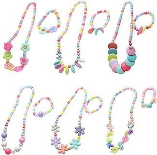 6 Sets Beads Necklace Bracelet Princess Necklace Bracelet Set Lovely Heart Beads Jewelry Kit Costume Necklaces for Pretend Play Dress up Jewelry, Candy Color