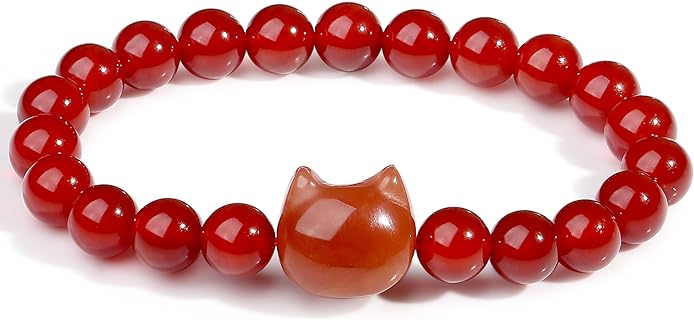 Spring Ring Clasp Cat Bead Bracelet - Bead Chain, Natural Stone Stretch Bracelet for Men & Women, Cat Lovers' Ideal Gift