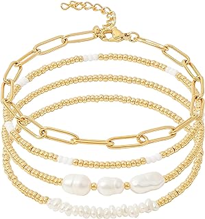 14K Gold Plated Pearl Bead Bracelet Set with Lobster Claw Clasp for Women, Modern Elegant Design