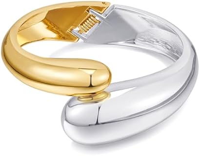 Alloy Silver Wide Teardrop Bangle Bracelets for Women- Chunky Gold-Plated Bypass Chain Cuff Bracelet with Open Hinged Design