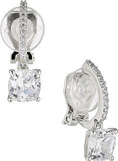 Clip-On Cubic Zirconia Drop Earrings with Lever Back for Women, Nadri Elegantly Designed Cushion-Cut Brass Diamond Stud Earrings