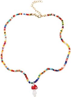 Colorful Beaded Mushroom Shape Pendant Necklace Handmade Seed Beads Sweet Fresh Mushroom Y Necklace Creative Bohemia Vaction Jewelry for Women Girls Teens