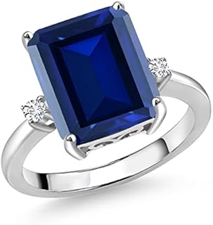 925 Sterling Silver Ring with 3-Stone Blue Simulated Sapphire and White Lab Grown Diamonds, Women's Engagement Jewelry Size 5-9