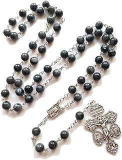 Natural Gemstone Black Onyx Beaded Crucifix Rosary Beads Necklace for Women Men Rugged Cross Long Strong Corded Catholic Pardon Holy Soil Medal Christian Religious Catholic Rosaries