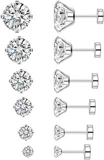 6 Pairs 18g 20g Stainless Steel Cubic Zirconia Stud Earrings for Women Men Cartilage Ear Piercings Helix Tragus 3-8mm Set Flat Screw Backs