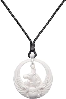 Women's Men's Handcarved Bone Egyptian Anubis Winged Charm Pendant Necklace