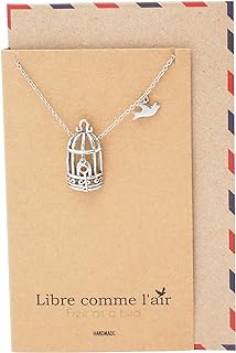 Women's Bird Cage Pendant Necklace with Key and Bird Charms - Stainless Steel Cable Chain - Inspirational Gift for her - Whimsical Design