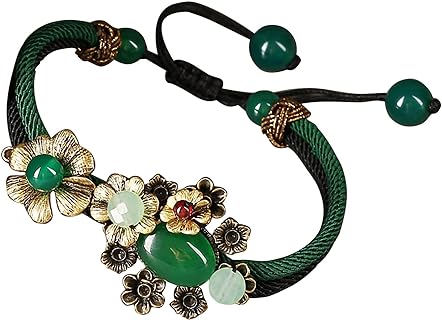 Vintage Prosperity Flowers Jade Beaded Bracelet, Adjustable Rope Lucky Beads Wrap Charm Bracelet for Women Lovers Gift