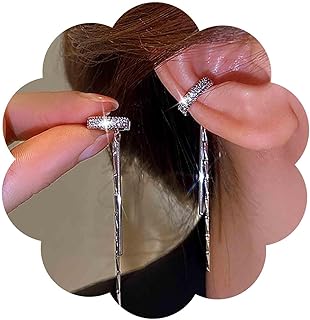 Boho Cz Circle Cuff Earrings Silver Crystal Long Chain Dangle Earrings Tassel Chain Ear Cuff Earrings Rhinestone Ring Helix Chain Earring Non Pierced Clip on Earrings Jewelry for Women and Girls