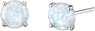 Peora Solid 14K White Gold Created Fire White Opal Stud Earrings for Women, Classic Solitaire Round Shape, 6mm, 1 Carat total, Friction Back