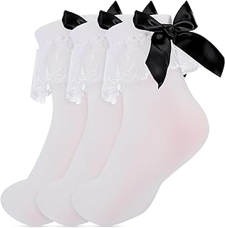 Women's Satin Lace Ruffle Anklets by Bunnycool - Pack of 3, White Frilly Socks with Black Bows, Perfect for Skirts and Dresses