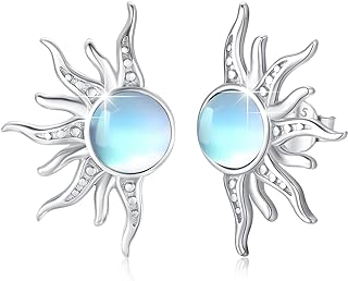 Sterling Silver Stud Earrings Sun Moonstone/Opal/Turquoise Stud Earrings White Gold Black Gold Turquoise Studs Hypoallergenic Earring Studs For Women Girls Jewelry Gifts