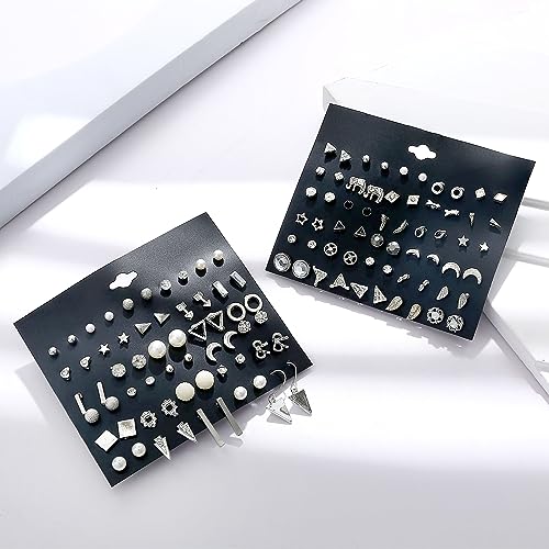 60 Pairs Gold Tone Stud Earrings for Women Men Triangle Square Circle Bar Star Moon Geometric Leaf Arrow Bow CZ Ball Faux Pearl Earrings Set