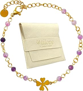 TILOVE Bracelet en Améthyste avec Trèfle Porte Bonheur en Acier Inoxydable, 4mm et 16cm+5cm. Conçu en France pour Femme, Parfait pour la Lithothérapie et Comme Cadeau