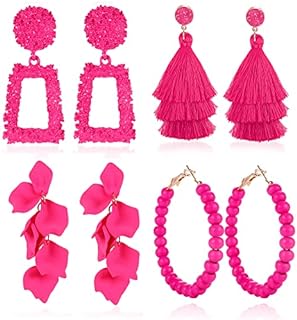 FIBO STEEL Statement Earrings Drop Dangle Earrings for Women Hot Pink Earrings Geometric Beaded Hoop Earrings Boho Rose Petal Tassel Earrings Set