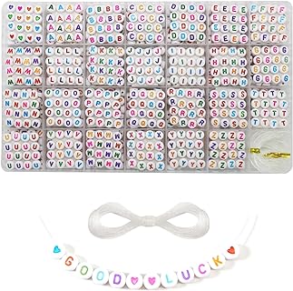 YUSLROB Acrylic Alphabet Heart Beads Kit - Round White Letter Beads for Jewelry-Making and Crafts - Includes A-Z Beads, Crystal Line, and Storage Box