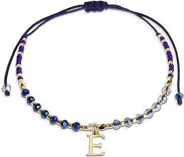 Handcrafted Navy Blue Gold Beaded Initial Bracelet with Stainless Steel Rope Chain for Women and Teen Girls, Boho Personalized Name & Adjustable Braided Design - Ideal Beach Jewelry Gift