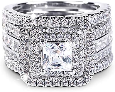 Jeulia 3 PC Enhancer Ring Set for Women 925 Sterling Silver Princess Cut Diamond Engagement Rings Cubic Zirconia Halo Solitaire Wedding Rings Anniversary Promise Rings for Her with Jewelry Box