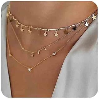 Chargances Bohemia Moon and Stars Necklace for Women Gold Laying Choker Necklace for Weeding Dating Prom Festival Delicate stars Moon Crescent Jewelry Gift for Women and Girls