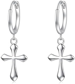 S925 sterling silver hinged hoop back finding dangle cross earrings with 18K gold plating for men and women, minimalist hoop design
