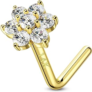 CM Crareesi Mania 14K Real Gold Nose Rings 20G Nose Piercing Jewelry Flower Nose Rings Studs Solid Yellow Gold Nose Rings for Women