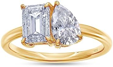 1 3/4 CT 7X5MM Emerald Shape & 8X5MM Pear Cut Lab Created Moissanite Diamond Toi Et Moi 2-Stone Engagement Wedding Ring For Women In 14K Gold Over Sterling Silver (VVS1/1.75 Cttw)