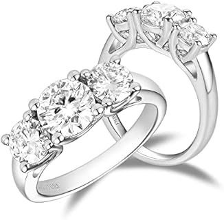 DovEggs 3-Stone Moissanite Engagement Ring in Sterling Silver, 2ct Total, GH Color Cut, Quality Craftsmanship, 14k Gold Finish, Comfortable Size 4.5