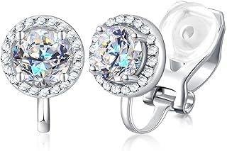 18K White Gold Plated Moissanite Clip-On Earrings for Women with Non-Pierced Ears - Sterling Silver, Hypoallergenic, 1.0 Carat