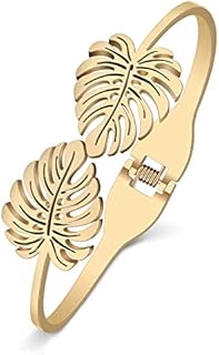 Stainless Steel 18K Gold Leaf Bangle Cuff Bracelet for Women Girls Dainty Crystal Jewelry Gifts for Birthday Charms