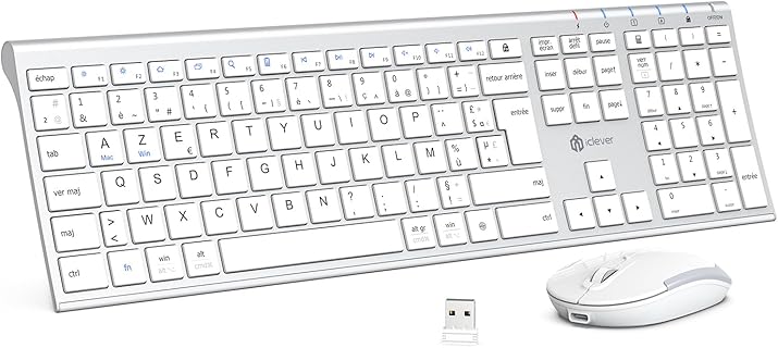 Ensemble Clavier Souris iClever sans Fil 2,4GHz, Clavier Silencieux Ultra-Fin avec Pavé Numérique, Batterie Longue Durée et Trackball, pour Ordinateur Portable et Compatible Windows/Mac