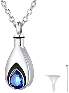 Lobster-Claw Clasp Cubic Zirconia Birthstone Urn Locket Necklace with Rolo Chain - Stainless Steel Memorial Teardrop Pendant for Men and Women