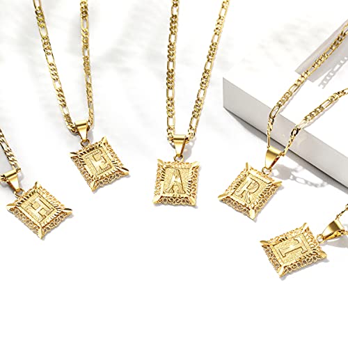 Initial Letter Pendant Necklace for Men Womens, 18K Gold Plated Square Capital Monogram Necklace Alhpabets from A-Z Figaro Chain Necklace