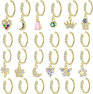 NASAMA 24Pcs Dangle Nose Rings Hoops 18-20g Cartilage Hoop Septum Piercing Earring Nose Hoop Dangling Nose Piercing Jewelry